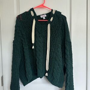 Lilla P Dark Green Cable-Knit Hoodie Sweater with Cream Drawstrings